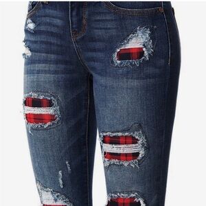 Judy Blue Dark Wash Jeans with Red Plaid Patches